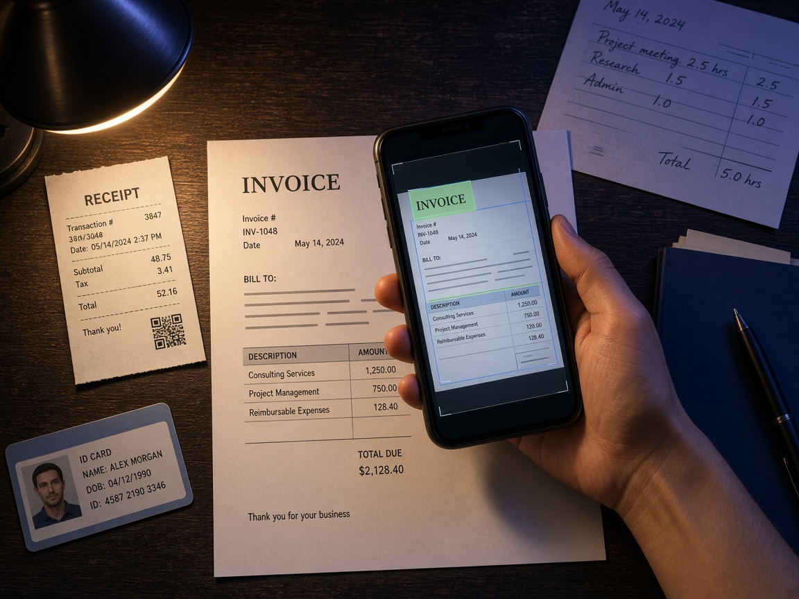 Contributor photographing an invoice with a phone