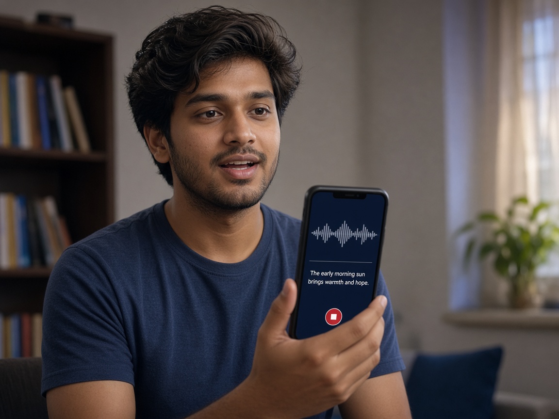 Contributor reading a prompt aloud into a smartphone