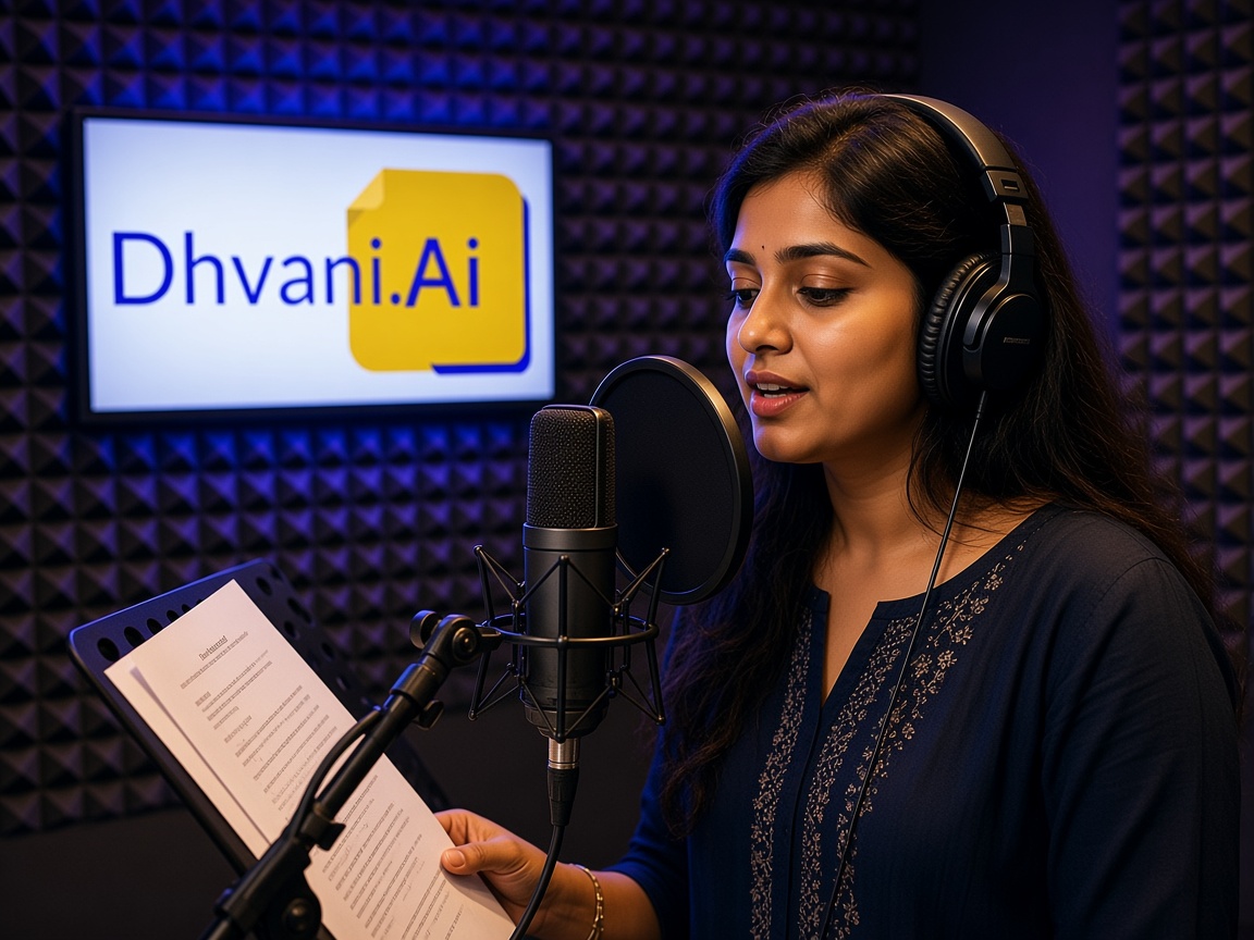Professional voice artist recording in an acoustic studio
